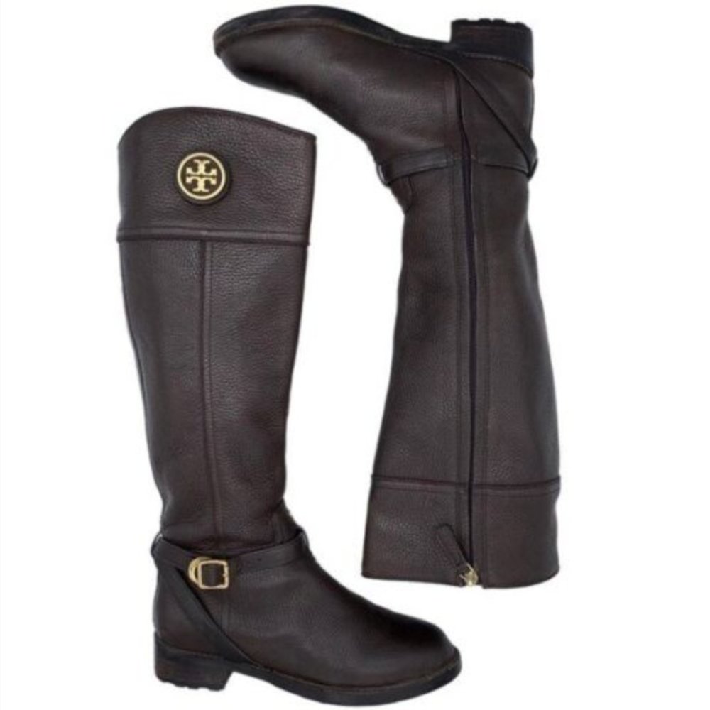 Tory Burch Teresa Logo Brown Tumbled/Pebbled Leather Riding Boots